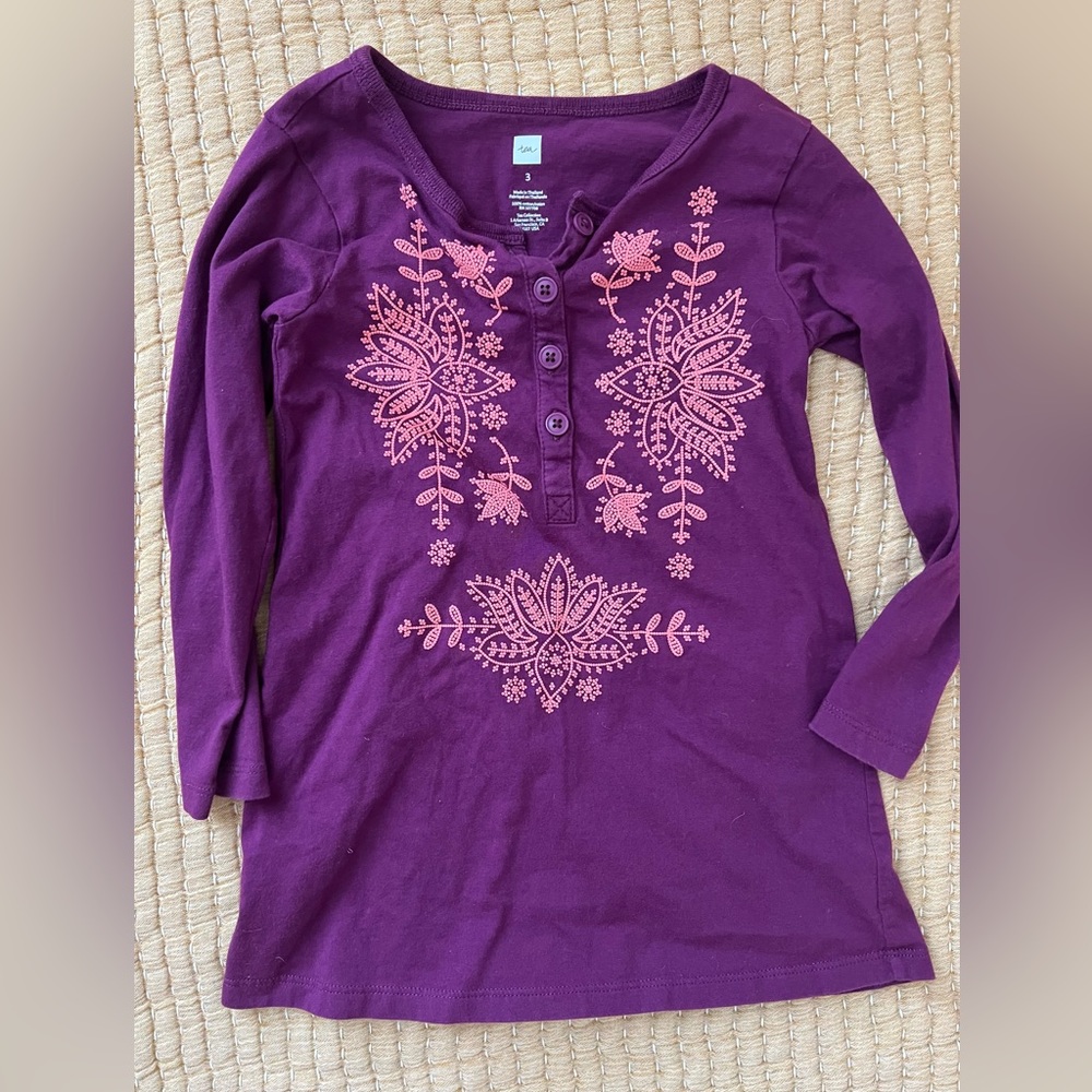 Cutest Tea Collection dress, purple with coral-ish colored design